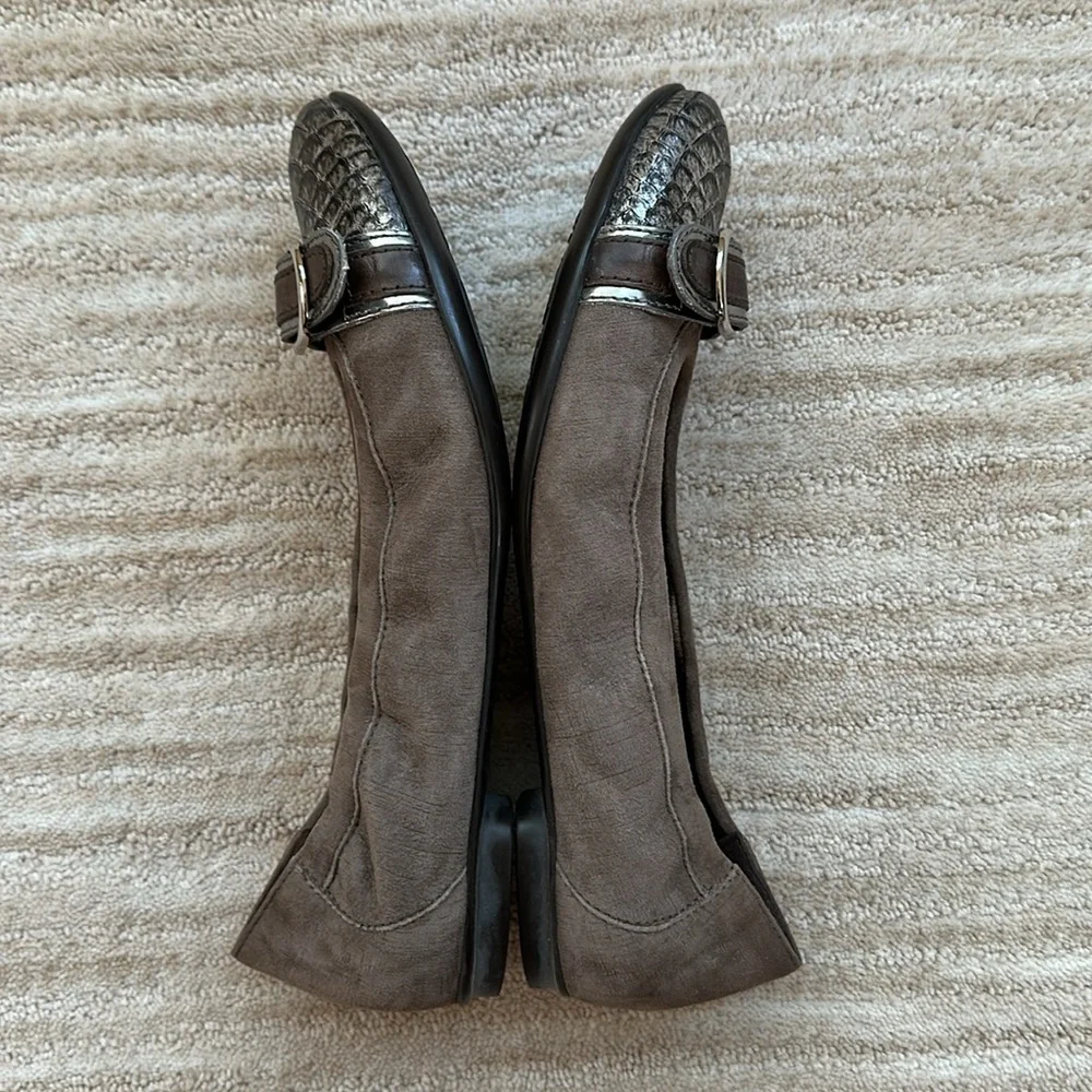 AGL Monika Taupe Suede Metallic Alligator Toe Ballet Flats Decorative Buckle 38